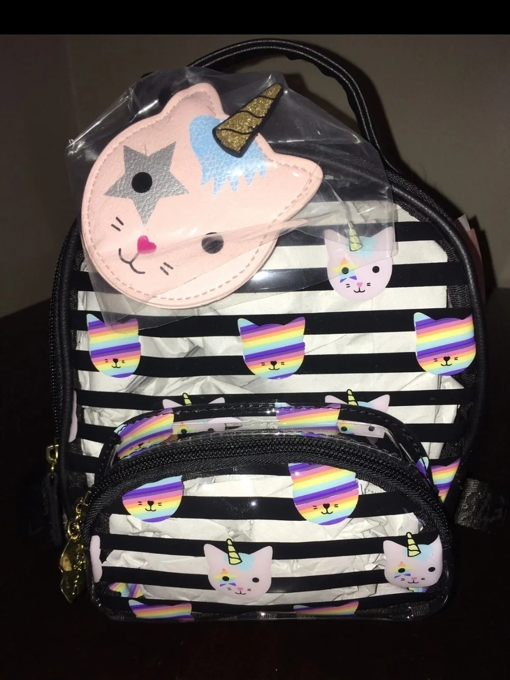 Betsey Johnson Rainbow Cat Unicorn Backpack - Pink & Black Transparent Stripes